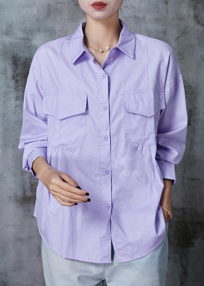 Modern Purple Wrinkled Pockets Cotton Blouse Tops Summer