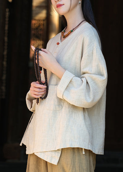 Button Lace Up Asymmetrical Cotton Blouse Tops Fall