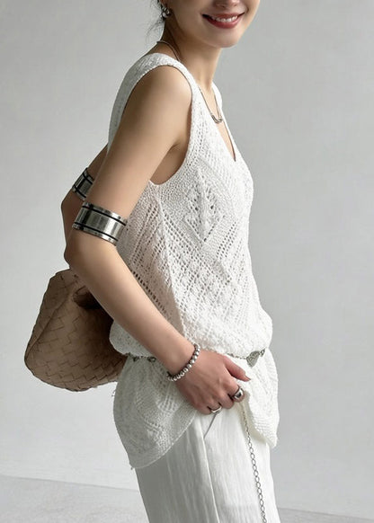 Handmade White Hollow Out Knit Beach Vest Summe