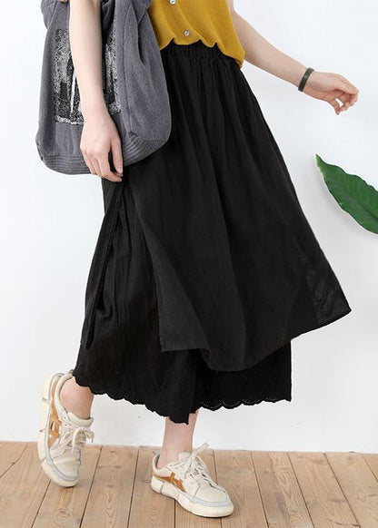 Black Lace Linen Pants Skirt Elastic Waist Summer