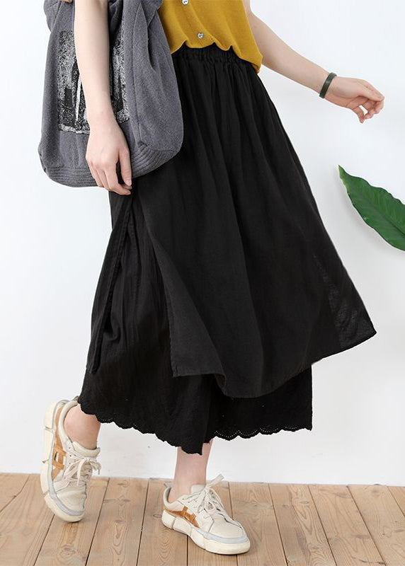 Black Lace Linen Pants Skirt Elastic Waist Summer