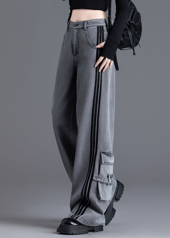 Black Pockets Patchwork High Waist Denim Pants Spring
