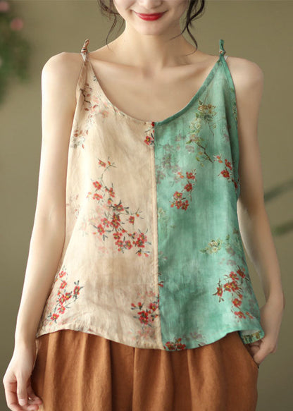 Yellow Green Print Linen Spaghetti Strap Top Summer