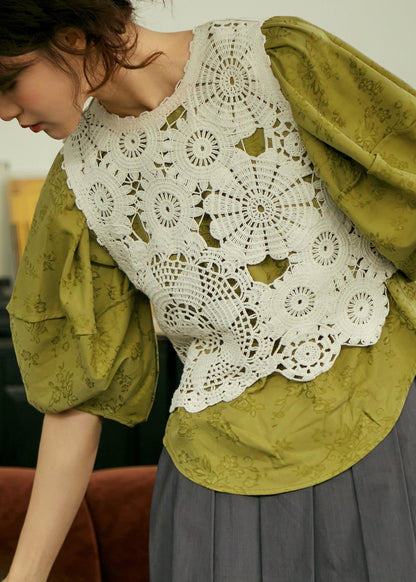 Beige O-neck Hollow Out Hook Flower Cotton Vest Sleeveless