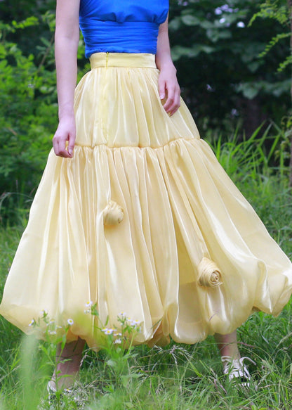 Yellow Zippered Silk Skirts High Waist Summer