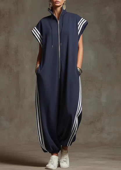 Yellow Stand Collar Zip Up Striped Cotton Jumpsuit Summer