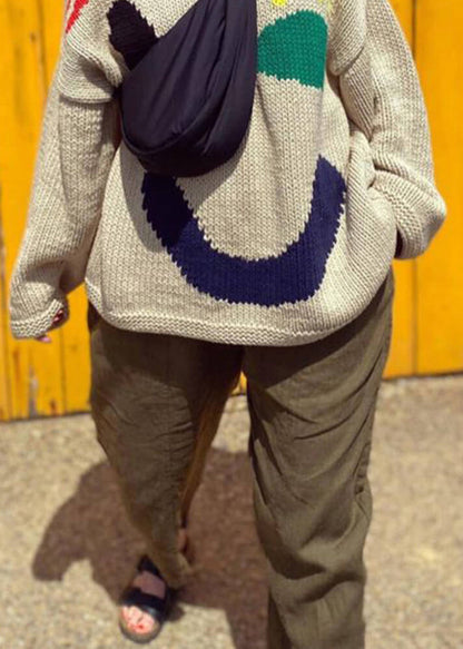 Natural Beige O Neck Print Loose Knit Sweaters Fall