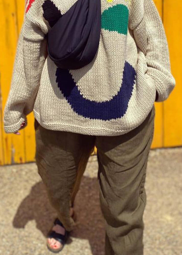 Natural Beige O Neck Print Loose Knit Sweaters Fall