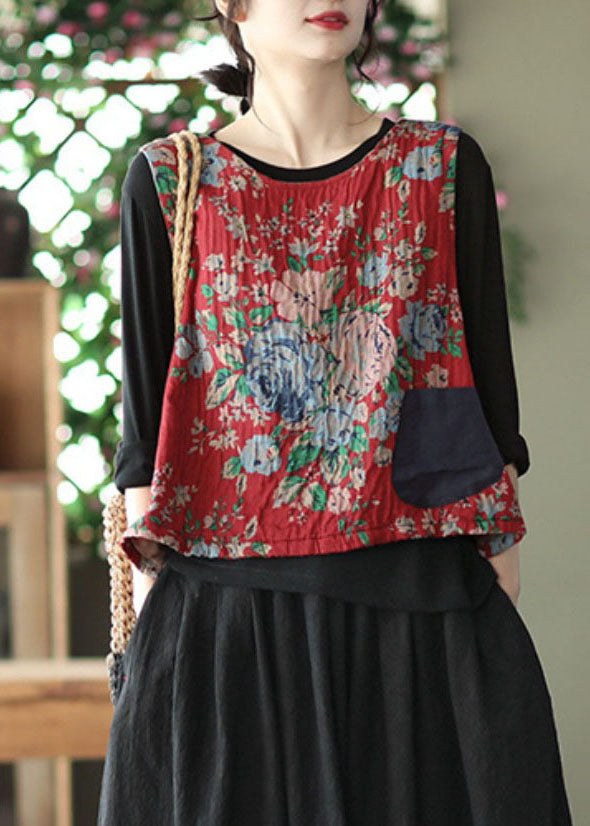 Unique Black O-neck Print Linen Vest Sleeveless