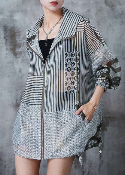 Grey Hooded Print Spandex Upf 50+ Coat Jacket Summer