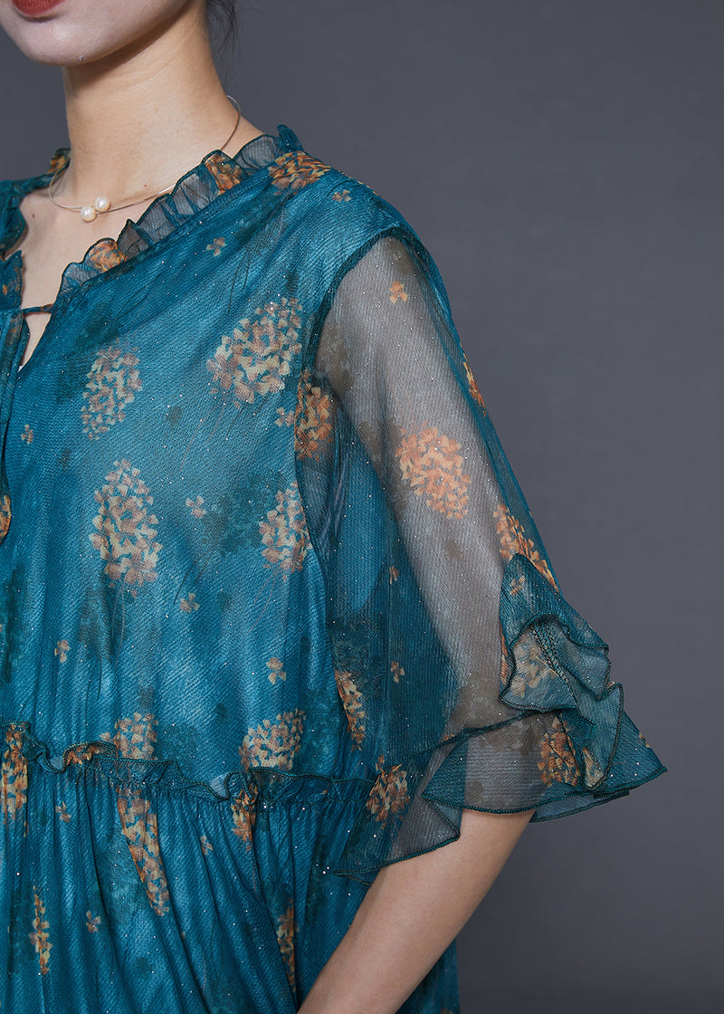 French Peacock Blue Ruffled Print Tulle Tea Dress Summer