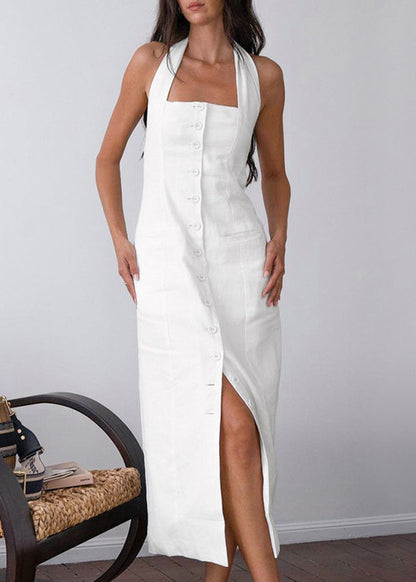 White Halter Pockets Button Backless Cotton Dresses Summer
