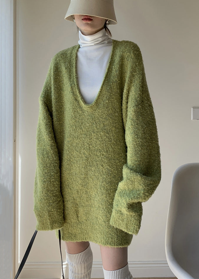 Loose Green Sweaters and Turtleneck Tank Knit Two Piece Set Winter