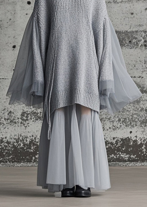 Grey Patchwork Tulle Knitted Dress Oversized Batwing Sleeve