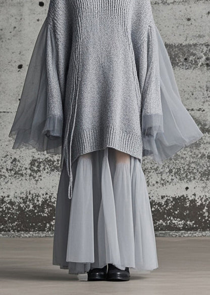 Grey Patchwork Tulle Knitted Dress Oversized Batwing Sleeve