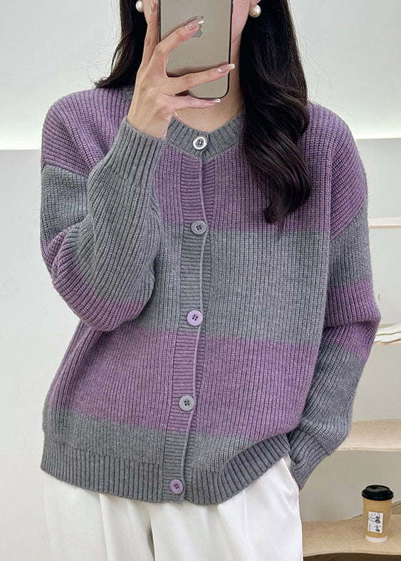 Grey Striped Button Knit Cardigan Fall