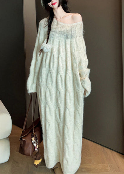 Beige Hollow Out Long Cable Knit Dress Spring