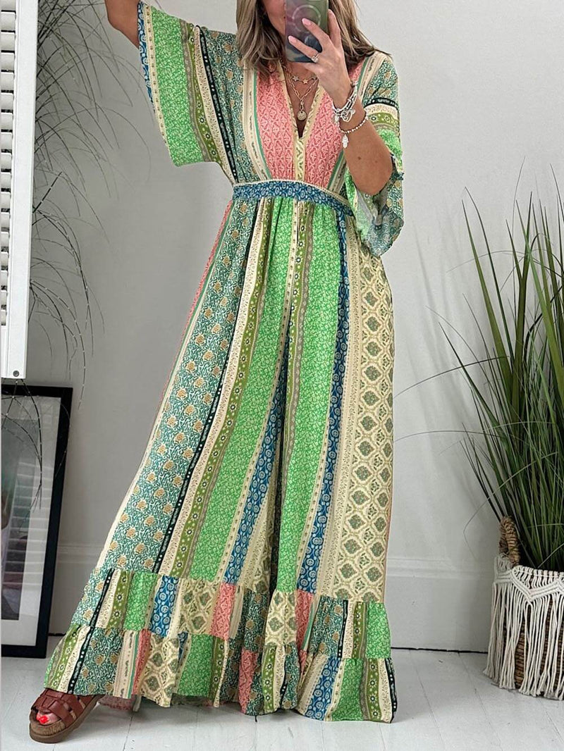 Retro Flare Sleeve Pocketed Loose Wide Leg Jumpsuit