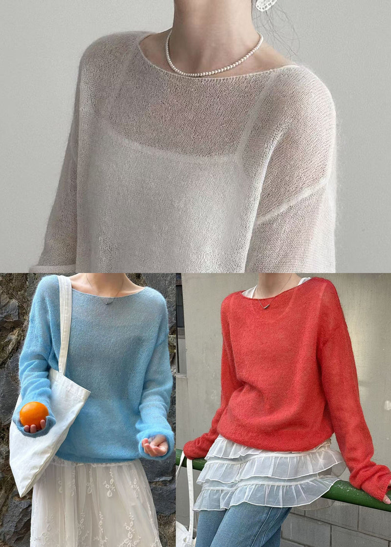 Fitted Blue Slash Neck Knit Pullover Spring