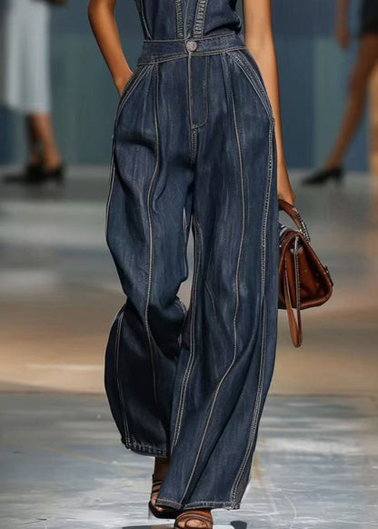 Denim Blue V Neck Pockets High Waist Jumpsuits Sleeveless