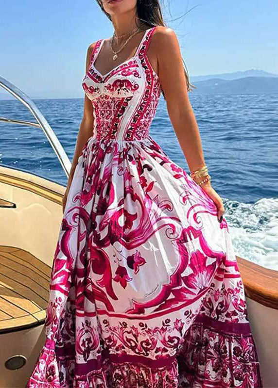 Rose Print High Waist Cotton Spaghetti Strap Dress Sleeveless
