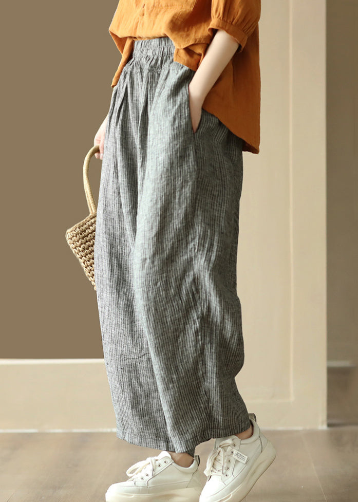 Black Striped Pockets Elastic Waist Linen Harem Pants Summer
