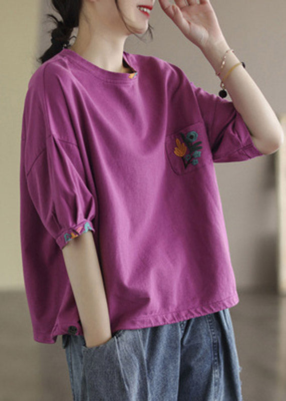 Rose Purple O-neck Pockets T Shirt Half Sleeve