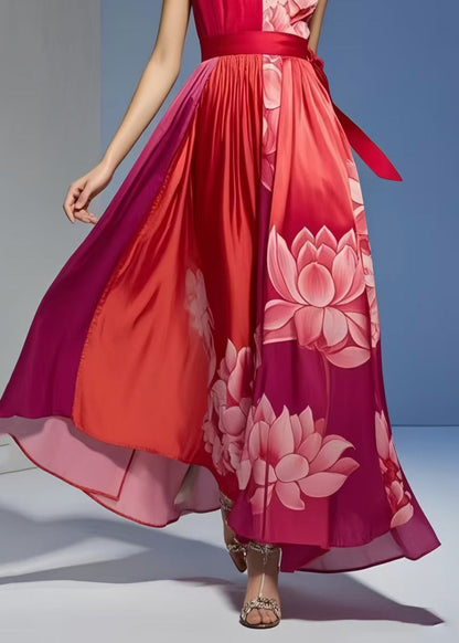 Red Print Exra Large Hem Silk Vacation Dresses Sleeveless