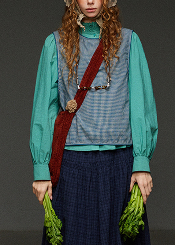 Blue Plaid O-neck Patchwork Waistcoat Fall