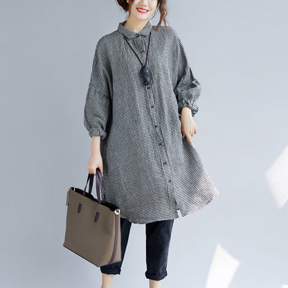 Stylish Black Plaid Cozy Cotton T Shirt Oversize Turn-down Collar Cotton Blouses Fine Long Sleeve Tops
