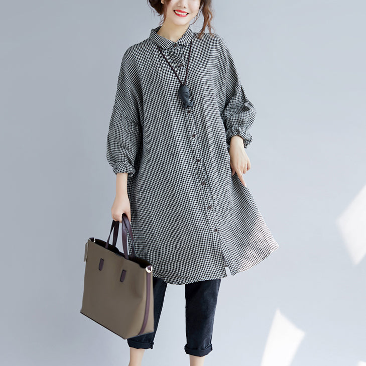 Stylish Black Plaid Cozy Cotton T Shirt Oversize Turn-down Collar Cotton Blouses Fine Long Sleeve Tops