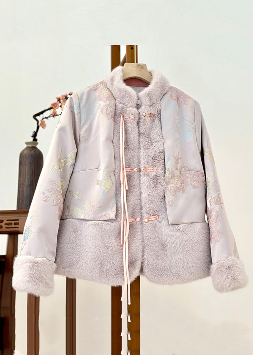 Pink Fur Collar Print Patchwork Parka Winter