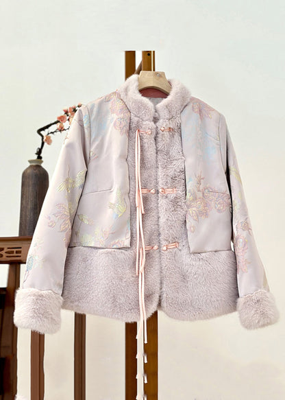 Pink Fur Collar Print Patchwork Parka Winter
