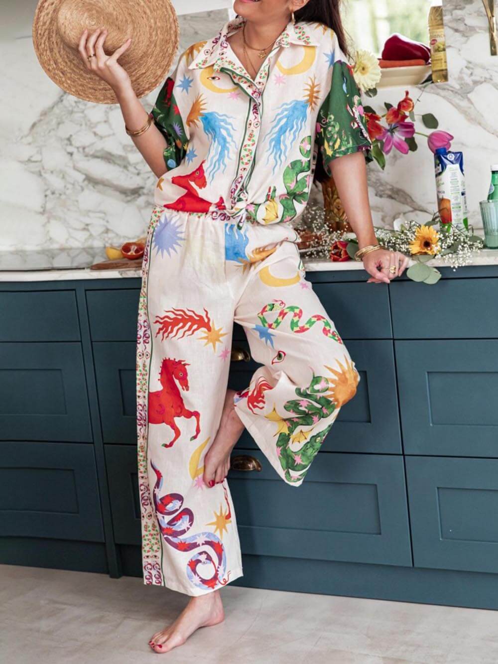 Short Sleeve Unique Print Loose Shirt and Elastic Waist Pants Set