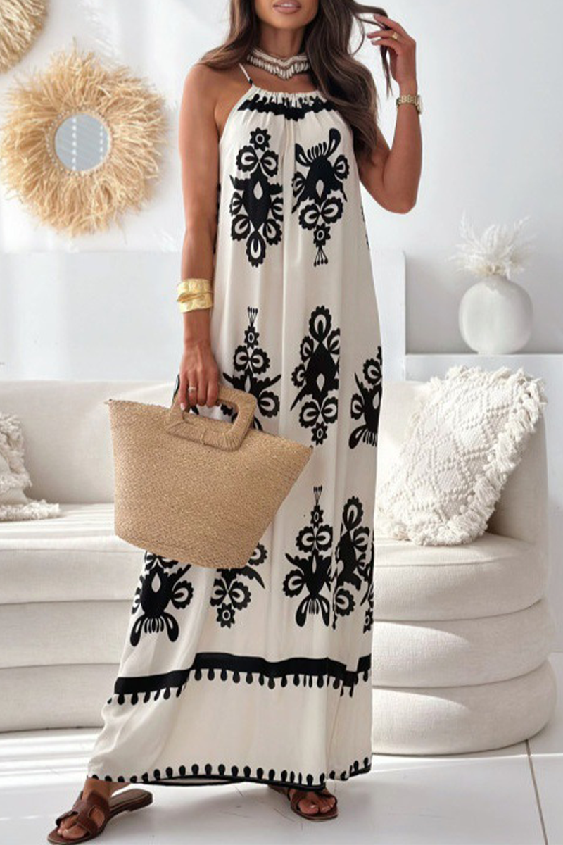 National Totem Print Draw String Square Neck Sling Dresses(4 Colors)