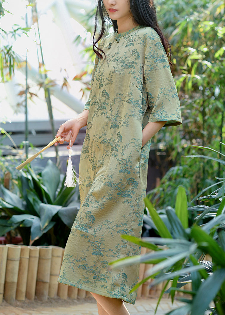 Chinese Style Green Stand Collar Jacquard Cotton Dresses Summer
