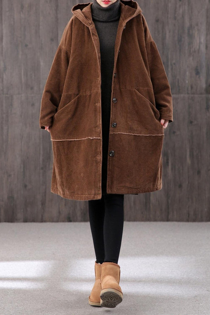 Winter Long Retro Corduroy Hooded Coat