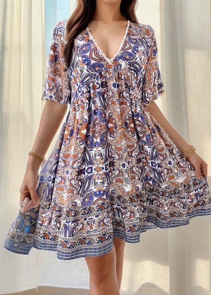 Yellow V Neck Print Cotton Mid Dress Summer