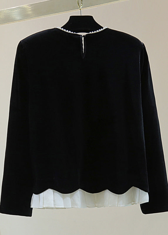 Simple Black O-neck Nail Bead Silk Velvet Sweater Winter