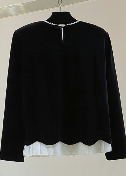 Simple Black O-neck Nail Bead Silk Velvet Sweater Winter