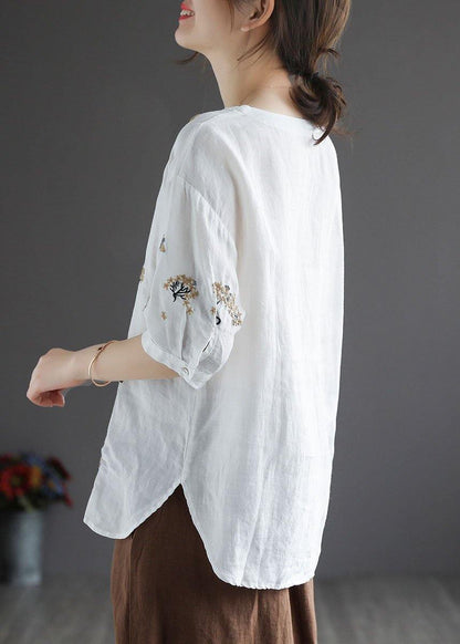 White O-neck Embroidered Summer Linen Tops Half Sleeve