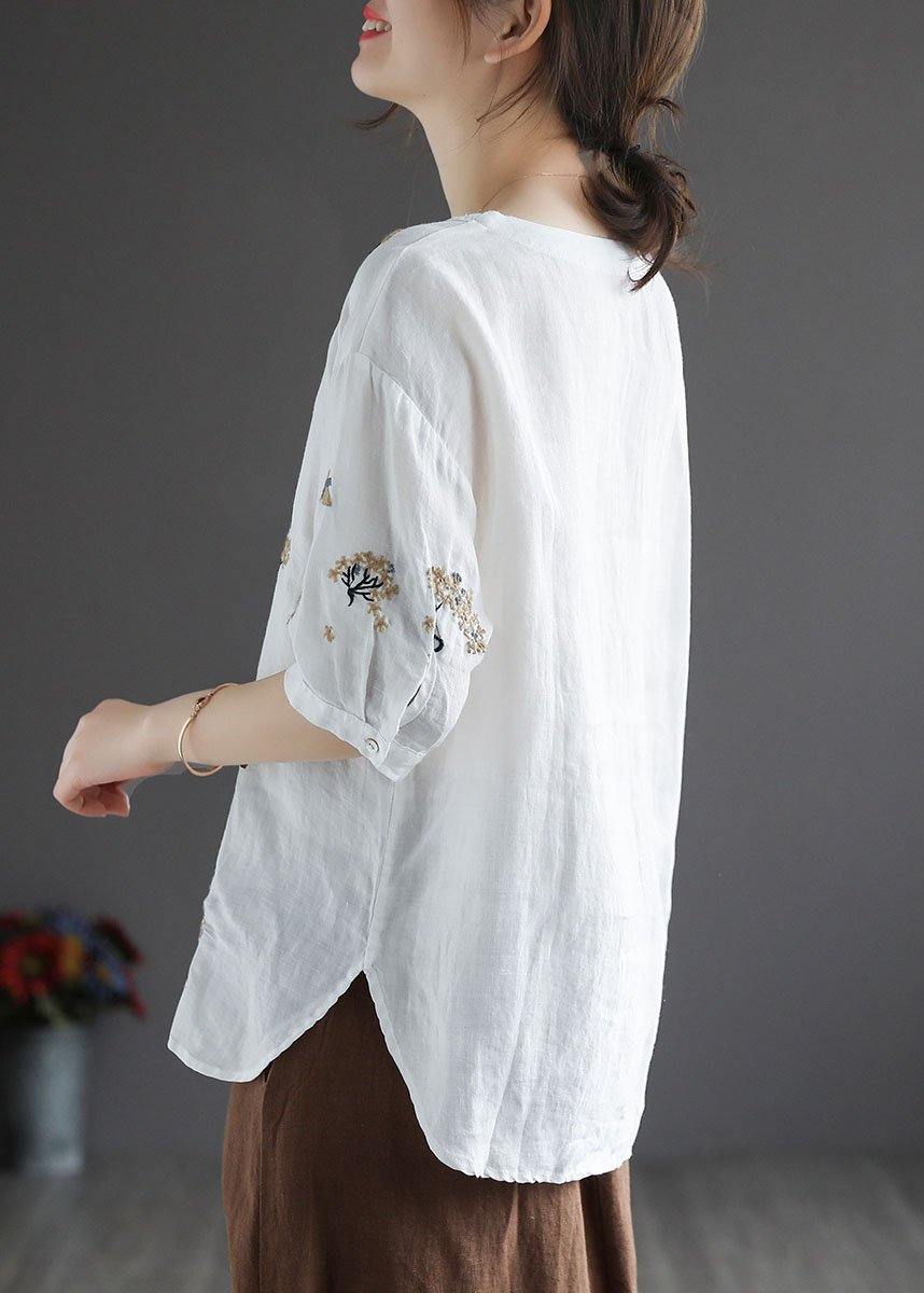 White O-neck Embroidered Summer Linen Tops Half Sleeve