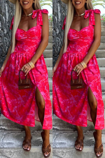 Color Print Backless Slit Belted Spaghetti Strap Sleeveless Dresses(7 Colors)