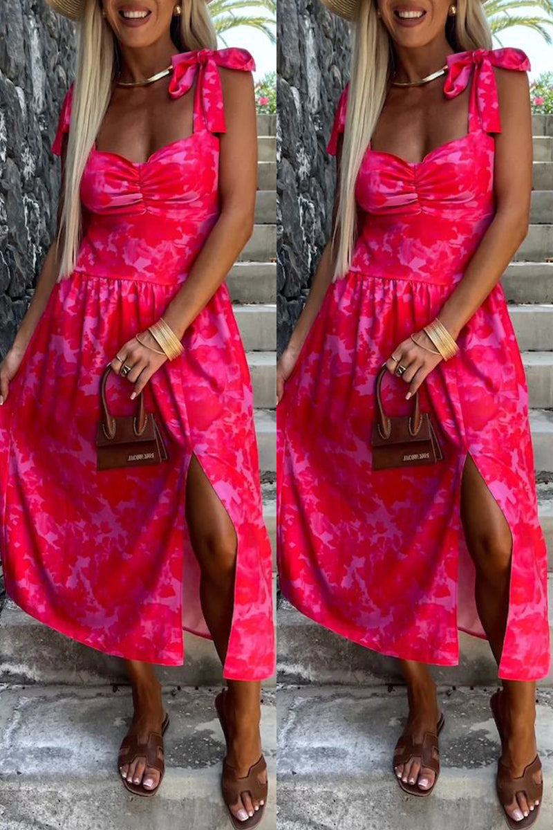 Color Print Backless Slit Belted Spaghetti Strap Sleeveless Dresses(7 Colors)
