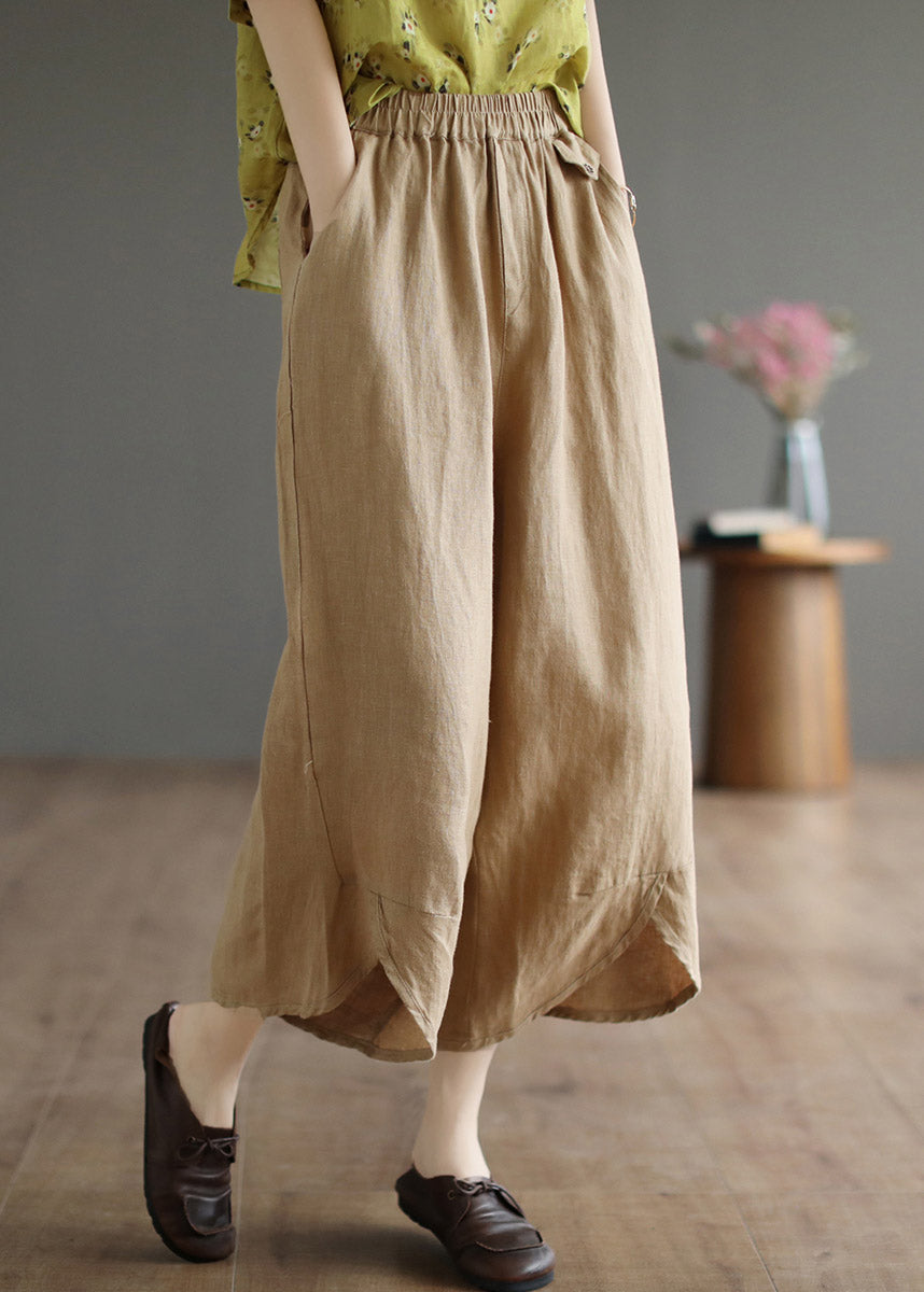 Khaki Patchwork Elastic Waist Linen Wide Leg Pants
