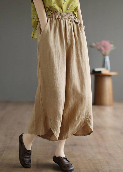 Khaki Patchwork Elastic Waist Linen Wide Leg Pants