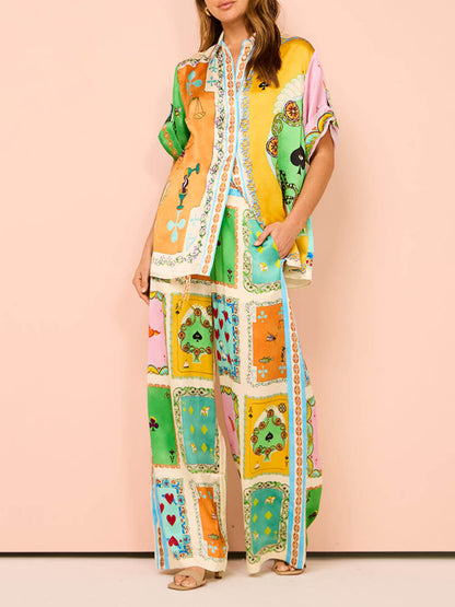 Summer Unique Funny Print Elastic Waist Pocketed Wide Leg Pants