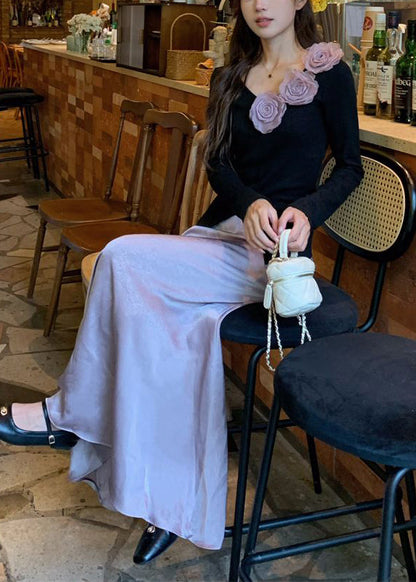 Black V Neck Knit Tops and Purple Skirts Two Pieces Set Fall