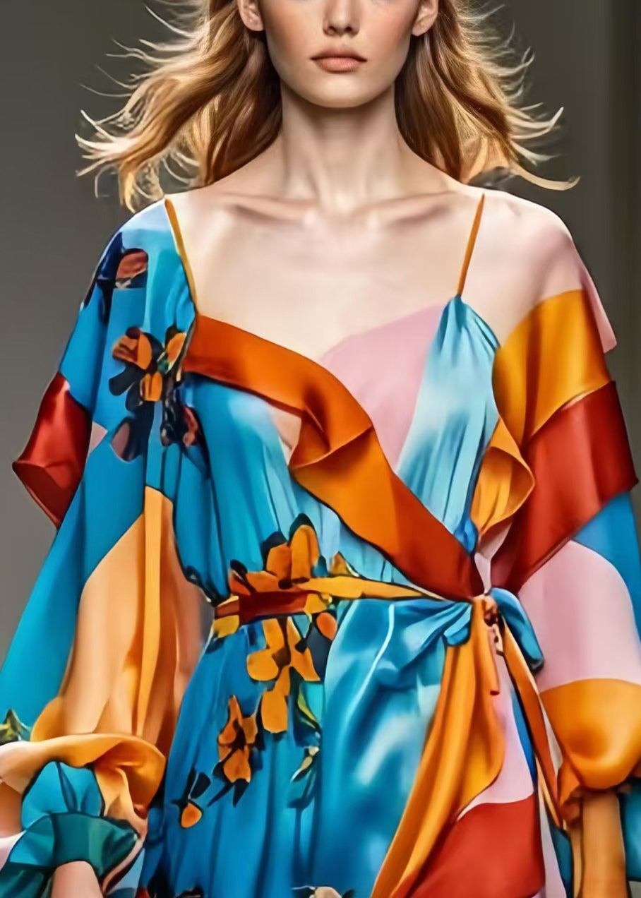 Blue Cinched Print Silk Robe Dresses Spring