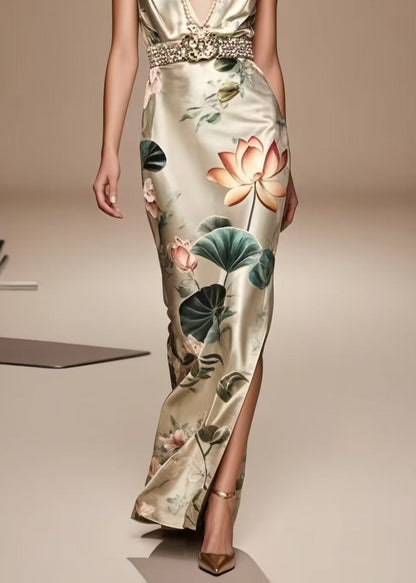 French Champagne Print Side Open Silk Tunic Dress Summer